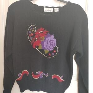 Vintage Justin B Jones Sweater Embroidered Ramie Floral Shoulder Pads Medium